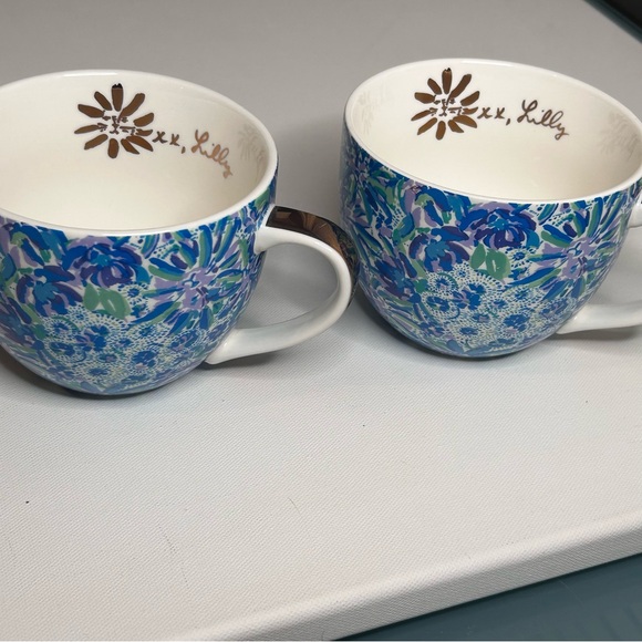 Set of 2 Lilly Pulitzer Coffee Mugs in Lion Around Blue Green Floral Gold Trim - Picture 4 of 9